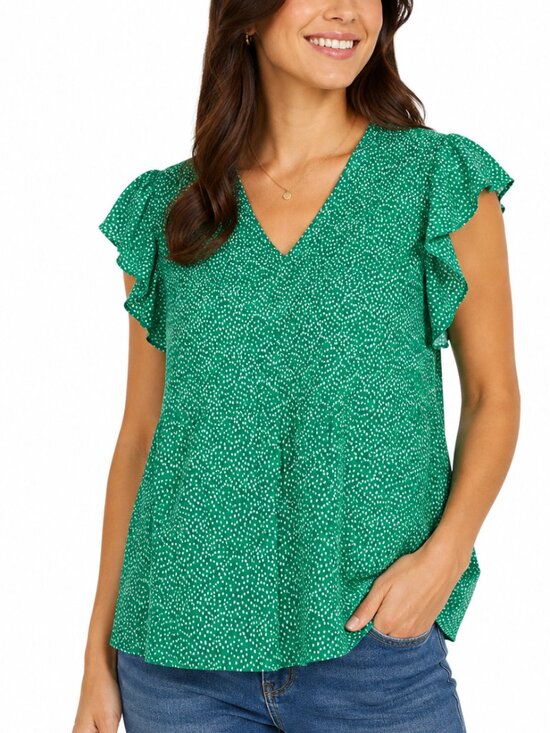 Adrianna Papell Tops - Adrianna Papell Green White Speckled Ruffle Sleeve Blouse Size M